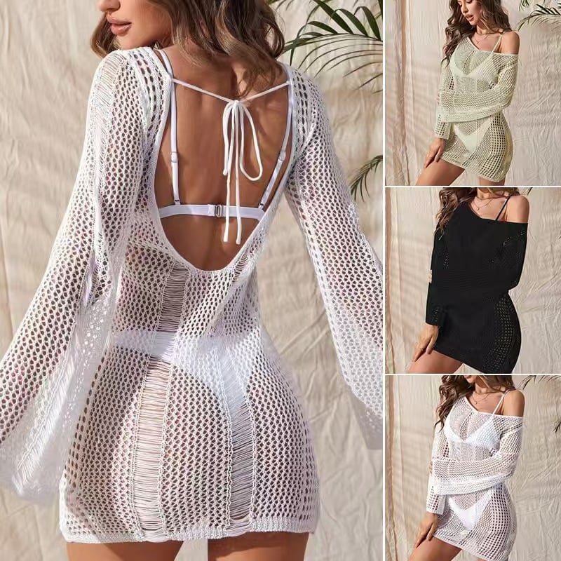 Long Sleeve Crochet Open Back  Beach Dress