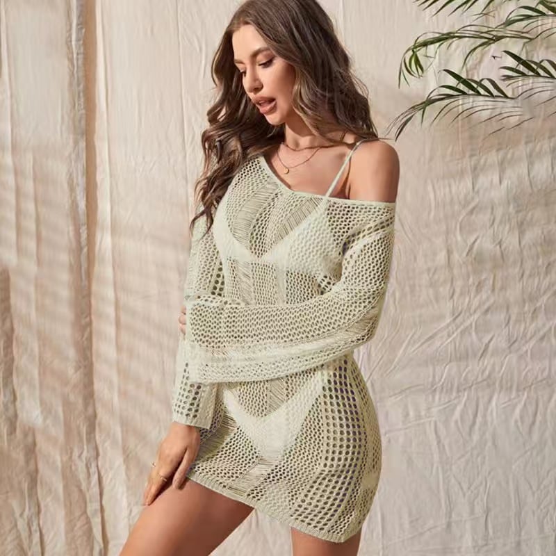 Long Sleeve Crochet Open Back  Beach Dress