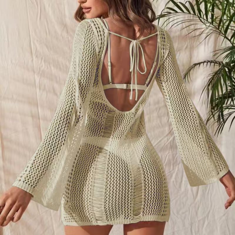 Long Sleeve Crochet Open Back  Beach Dress