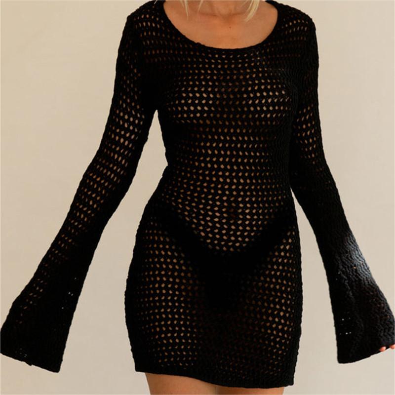 Long Sleeve Open Back Hollow Out Short Dress