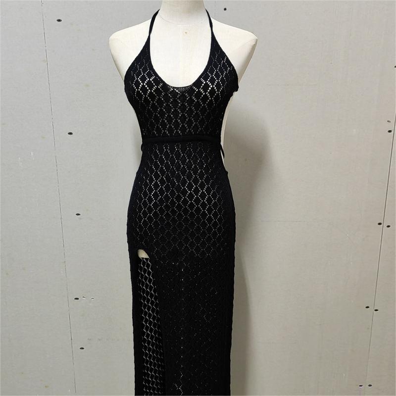 Hanging Neck Open-back Covered Knitted Maxi Dress