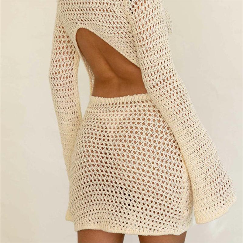 Long Sleeve Open Back Hollow Out Short Dress