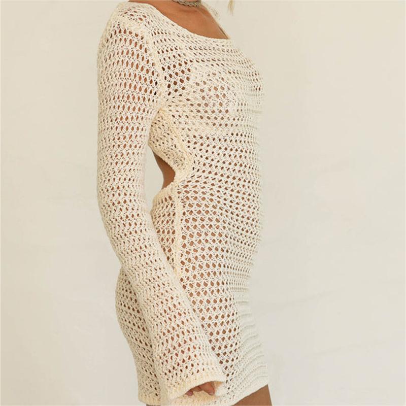 Long Sleeve Open Back Hollow Out Short Dress