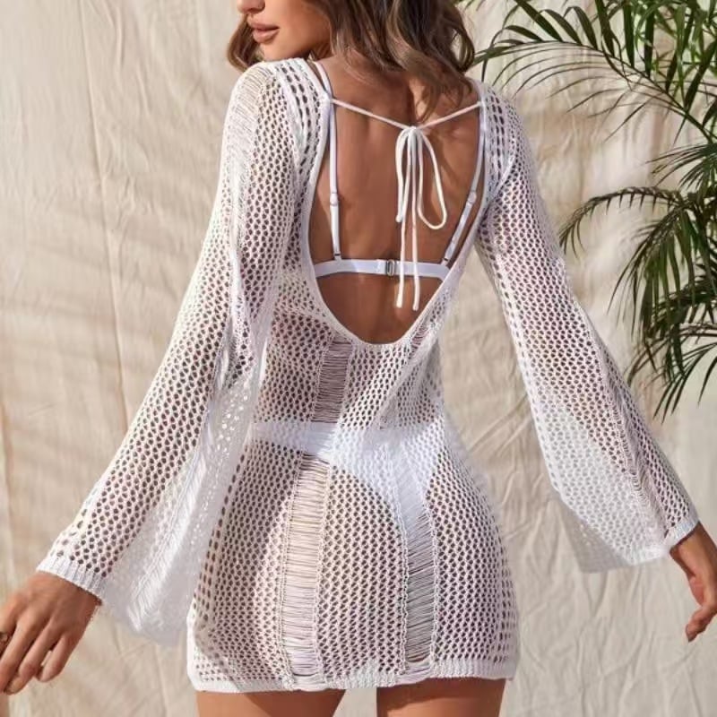 Long Sleeve Crochet Open Back  Beach Dress