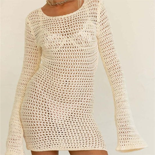 Long Sleeve Open Back Hollow Out Short Dress